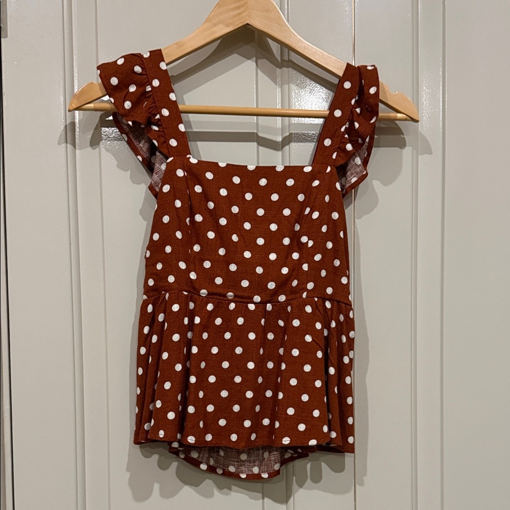 NWT Elegant Brown Polka Dot Ruffle Blouse
